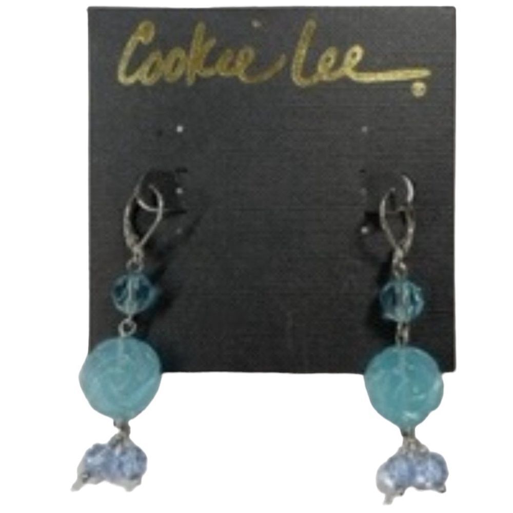NWT Cookie Lee Turquoise Rosette and Crystal Bead Dangle Earrings